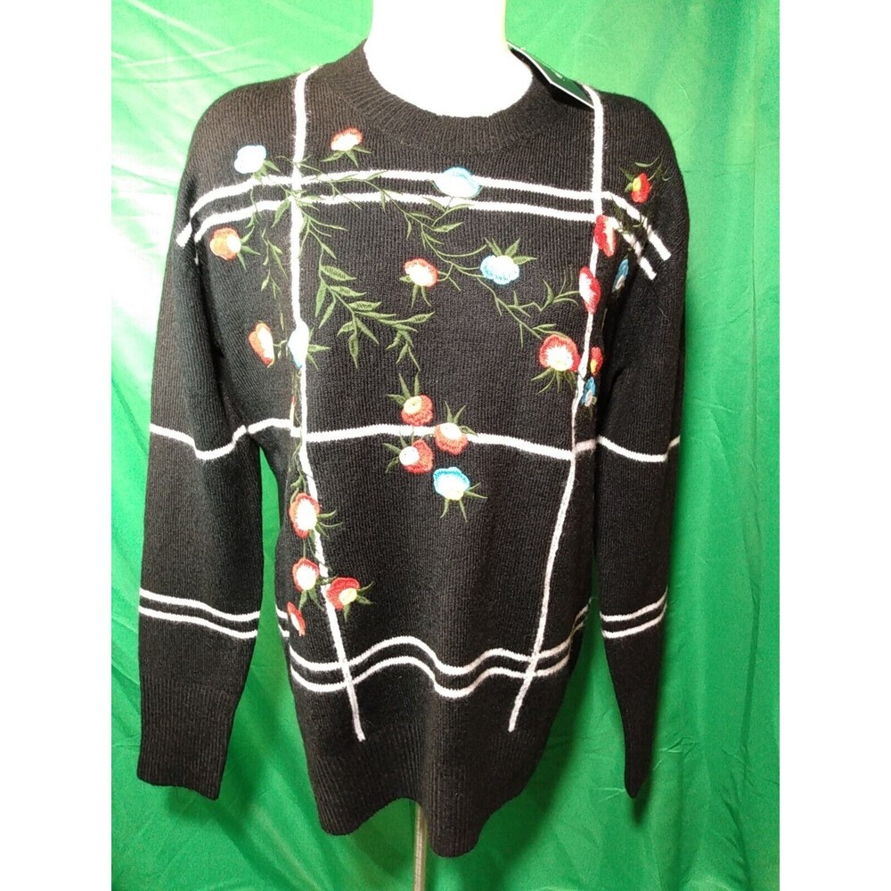 Anna Cai Women Black Embroidery Floral Long sleeve Sweater Size Small